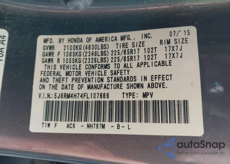 2015 Honda Cr-V Ex-L z USA, uszkodzony, nr VIN 5J6RM4H74FL107669